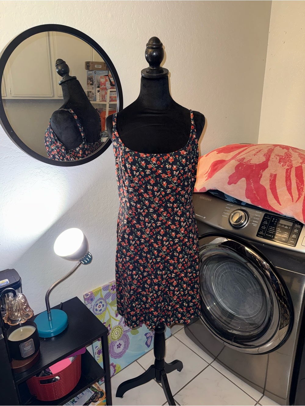 Old Navy Black Floral Slip Dress with Red/Pink Blossoms